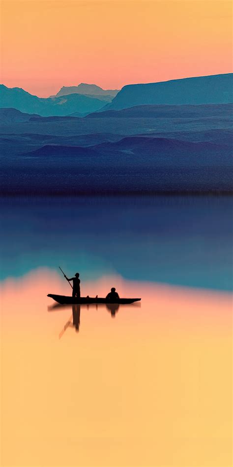 Download 1080x2160 Wallpaper Lake Silhouette Fishing Horizon Sunset