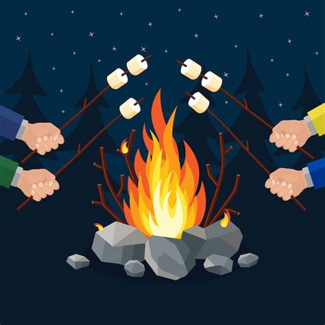 Premium Vector Bonfire And Roasting Marshmallow Campfire At Night