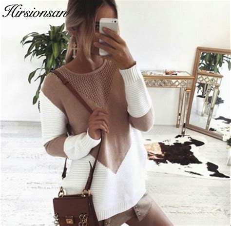 hirsionsan autumn patchwork sweater women 2017 knitted women sweaters and pullovers loose jumper
