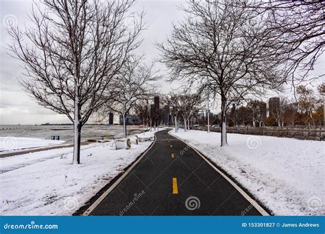 Chicago Lakefront Trail In The Winter With Snow Heading Downtown Stock