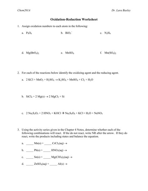 Redox Oxidation Numbers And Identify Oxidation Or Reduction Worksheet
