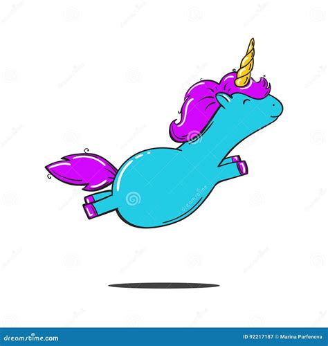 Fatty Cartoon Blue Unicorn With Pink Hair Isolated On White Vector