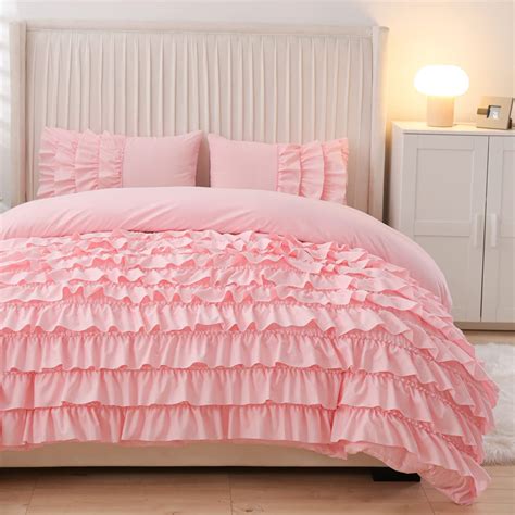 Holawakaka Pink Waterfall Ruffle Comforter Set Full Size Multi Layers Ruffled Shabby
