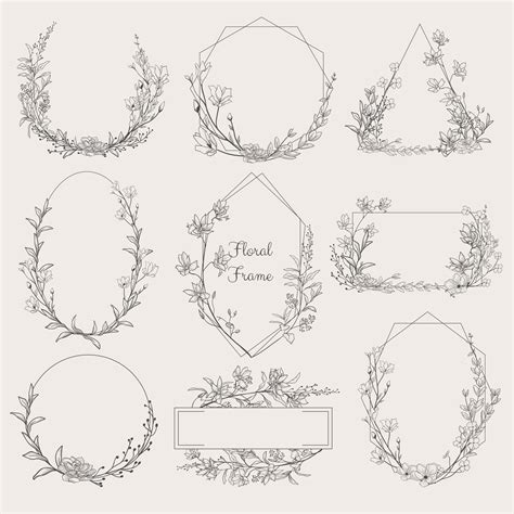 Collection Of Geometric Vector Floral Frameshand Drawn Delicate