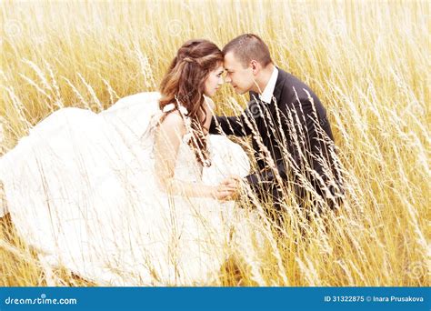 Wedding Couple In Grass Bride And Groom Outdoors Stock Image Image