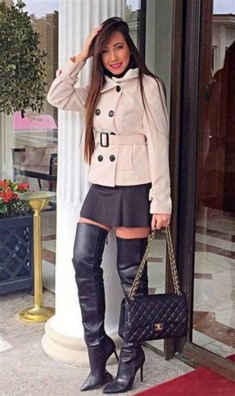 Belted Jacket Black Miniskirt And Thigh Boots Outfit Tight High