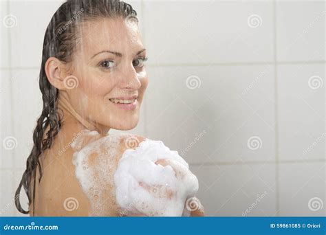 Woman Washing Her Body Shower Gel Stock Image Image Of Wellness