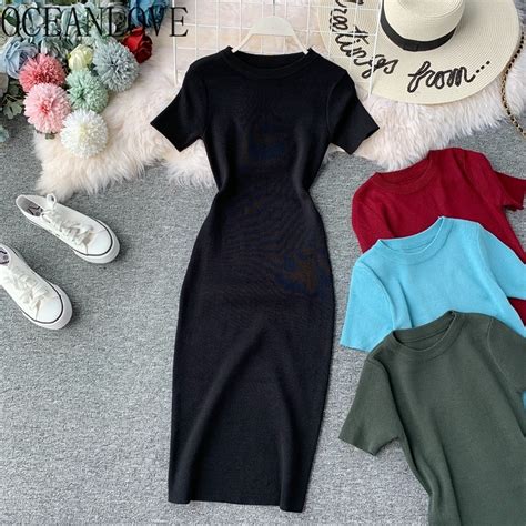 oceanlove sexy dress women solid bodycon short sleeve summer mini dresses o neck knitting