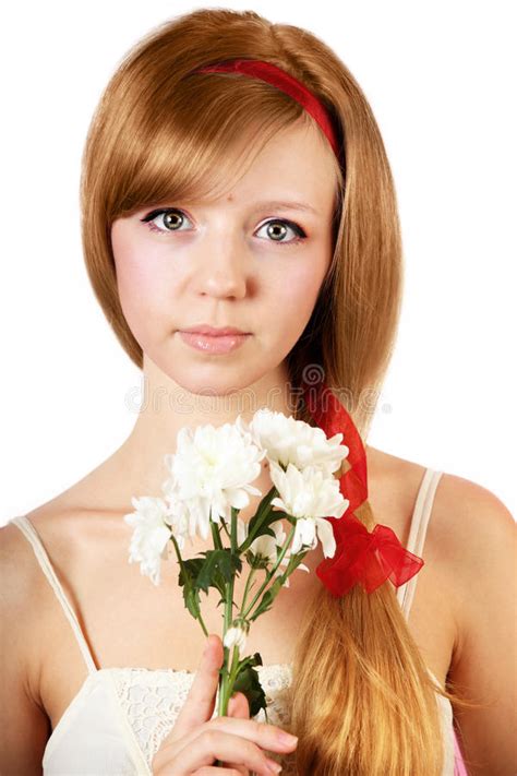 Woman With Flowers On White Isolated Background Stock Image Image Of