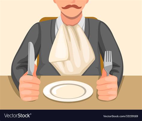 Man With Napkin Tucked In Collar Sitting In Table Vector Image