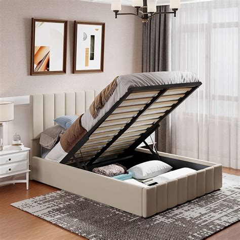 Unique Biege Storage Platform Bed With Lift Top Hydraulic Lifting