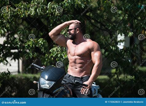 Muscular Man And Motorcycle Stock Image Image Of Brand Attractive