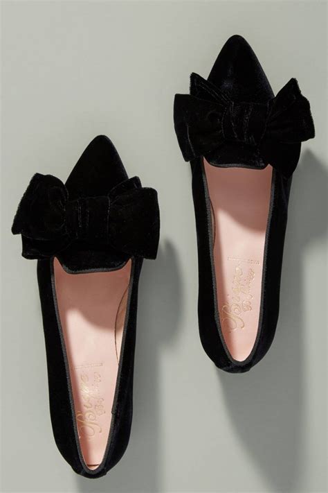 Velvet Bow Ballet Flats Black Pointed Toe Shoes