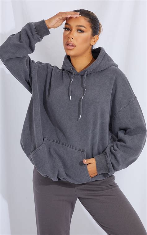 Hoodie Oversize Gris Anthracite Délavé Froncé Prettylittlething Fr