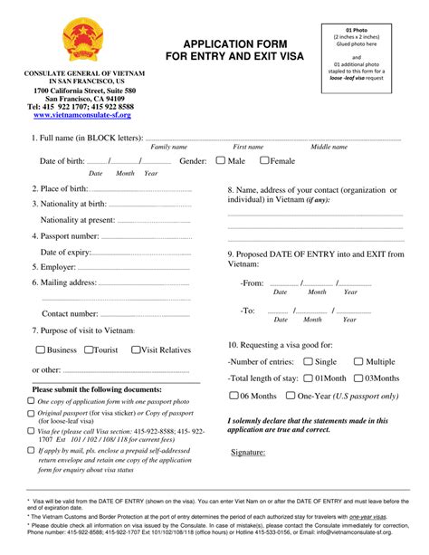 san francisco california vietnamese visa application form for entry and exit visa consulate