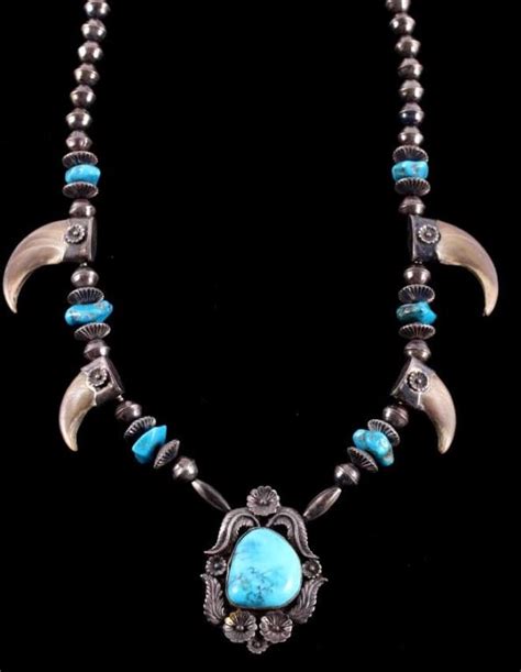 Navajo Silver Turquoise And Bear Claw Necklace