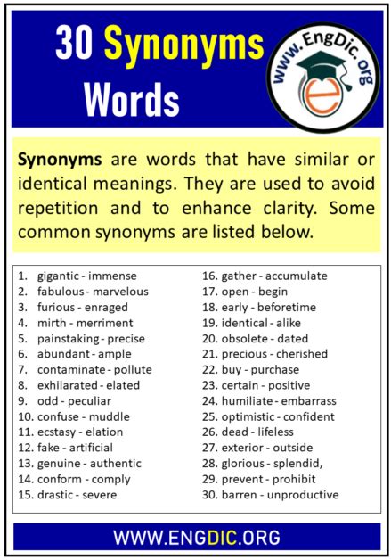 30 synonyms words list engdic