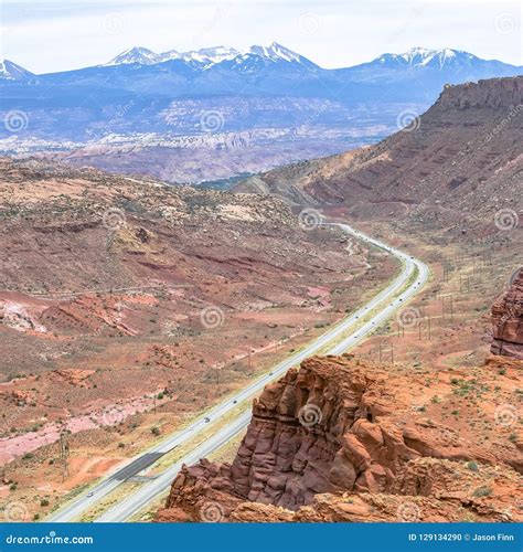 Highway 191 With View Of Majestic La Sal Mountains Stock Photo Image