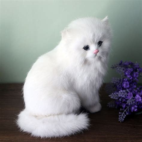 White Plush Cats Lifelike Crouching Animals Models Handmade Realistic