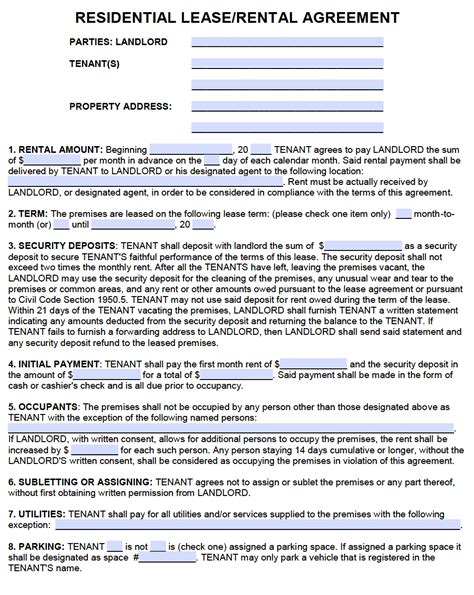 Printable Rental Agreement California