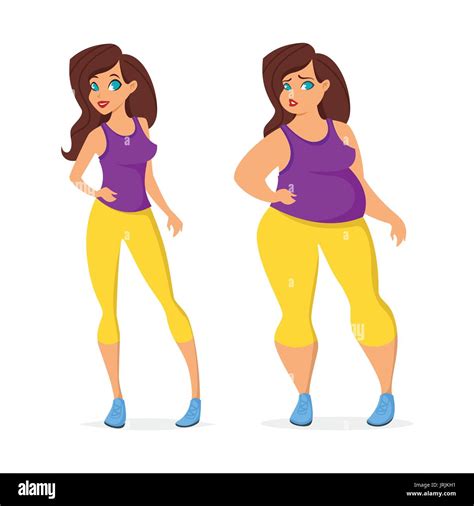 Vector Cartoon Style Illustration Of Fat And Slim Woman In Sport Stock