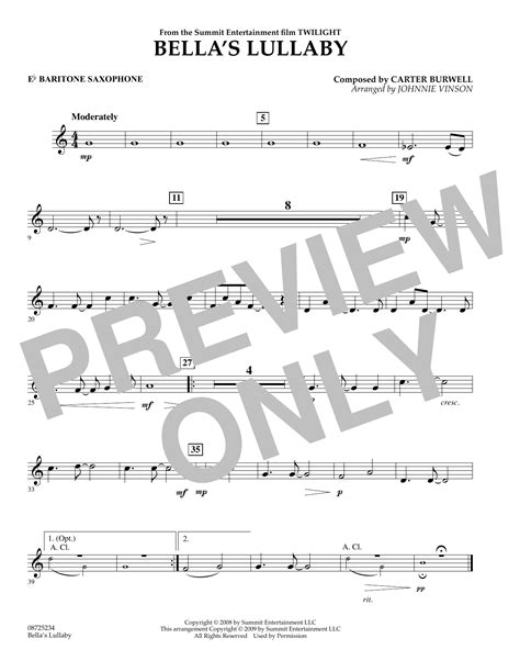 This is a 1 page sample. Johnnie Vinson "Bella's Lullaby (from Twilight) - Eb Baritone Saxophone" Sheet Music Notes ...