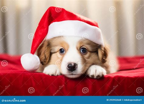 Cute Little Festive Puppy Dog Wearing A Father Christmas Santa Hat