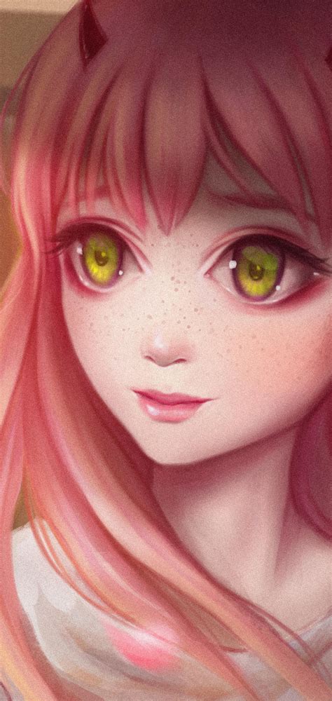 1080x2280 Cute Anime Girl Pink Hairs Red Eyes One Plus 6huawei P20