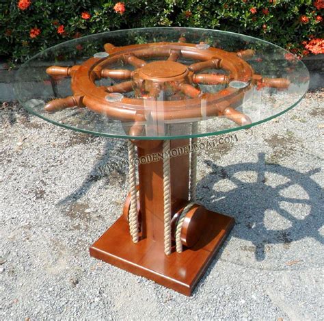 SHIP WHEEL TABLE WITH GLASS TOP Nautical Furniture Beach House Decor Nautical Table