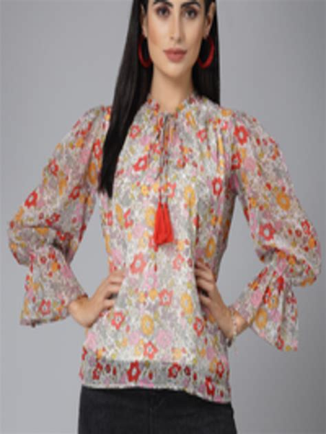 Buy Style Quotient Cream Colour Floral Printed Tie Up Neck Puff Sleeves Regular Top Tops For