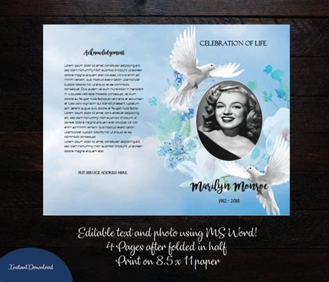Blue Doves Funeral Program Template Bi Fold 4 Pages Funeral