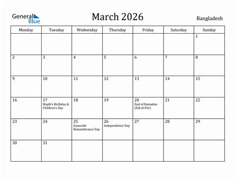 March 2026 Bangladesh Monthly Calendar With Holidays