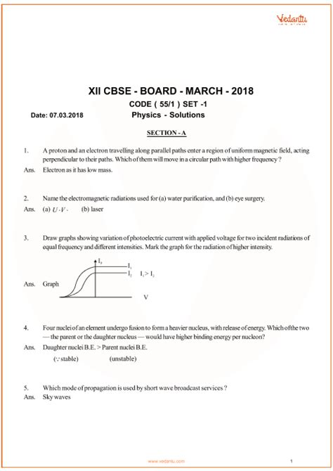 Previous Year Physics Question Paper For CBSE Class