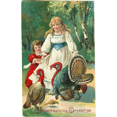 Embossed 1909 Thanksgiving Postcard - Two Girls with Turkeys | Vintage thanksgiving cards ...