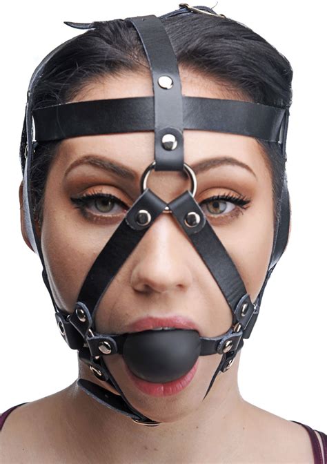Restraint Head Harness Ball Gag Leather Mask Mouth Face Panel