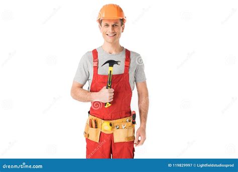 cheerful construction worker holding hammer stock image image of engineer occupation 119829997