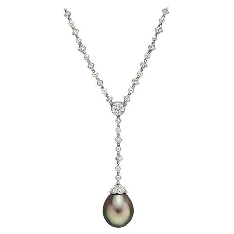 Tiffany And Co Pearl Diamond Platinum Y Chain Necklace With Tahitian