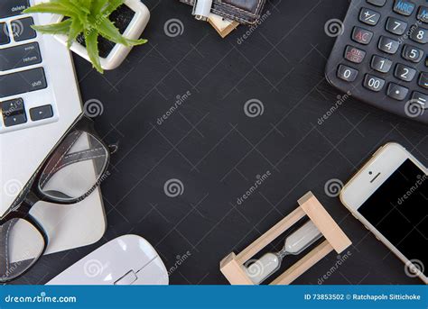 Desk With Tools And Notebook Office Deskoffice Desk Table Stock Photo