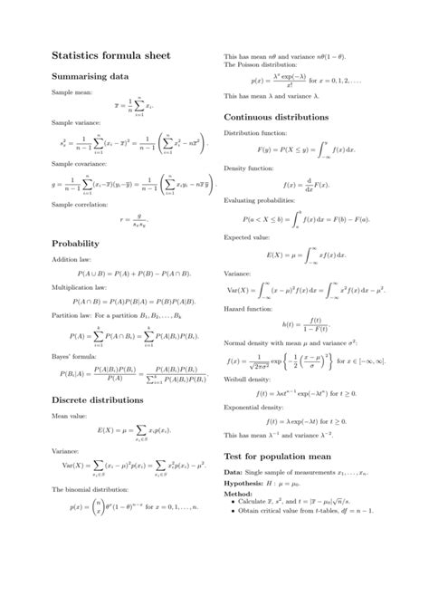 Statistics Formula Sheet