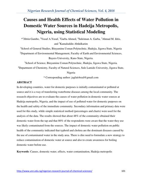 Pdf Causes And Health Effects Of Water Pollution In Domestic Water Sources In Hadeija