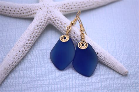 Cobalt Blue Sea Glass Earrings Seaglass Earrings Sea Glass