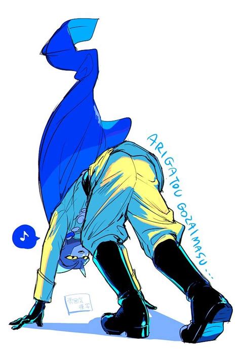 a blue and yellow drawing of a person bending over