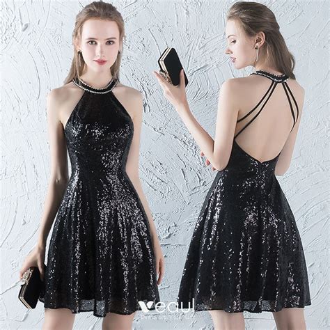 Sparkly Glitter Party Dresses 2017 Black Sequins Short A Line Princess Halter Sleeveless
