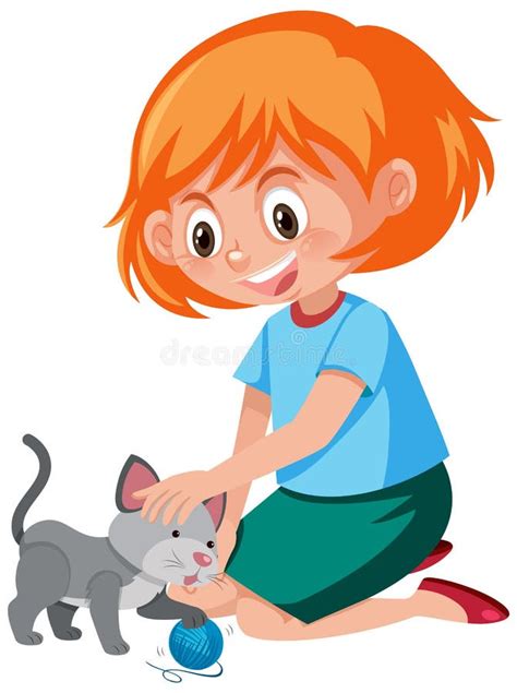 Cute Girl Playing With Kitten Stock Vector Illustration Of Little
