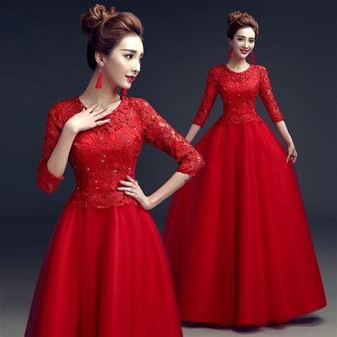 2015 New Design Elegant O Neck Long Sleeve Prom Dresses Red Lace And