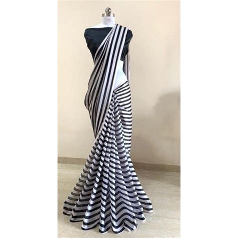 White And Black Strip Satin Chiffon Saree Chiffon Saree Saree Blouse Designs Saree Look
