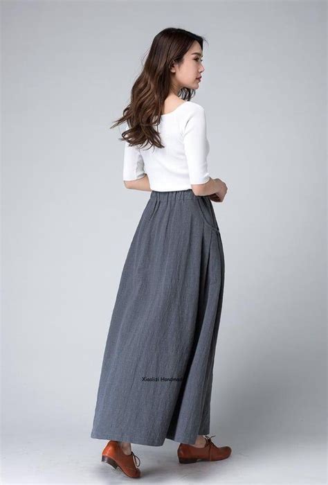 Long Linen Skirt Maxi Skirt Grey Skirt Ladies Skirts Etsy Cotton