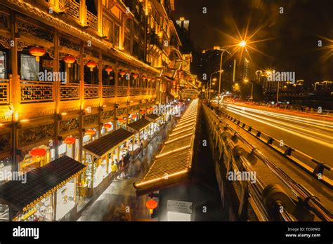 Night View Of Hongya Cave Chongqing Golden Bright Stock Photo Alamy