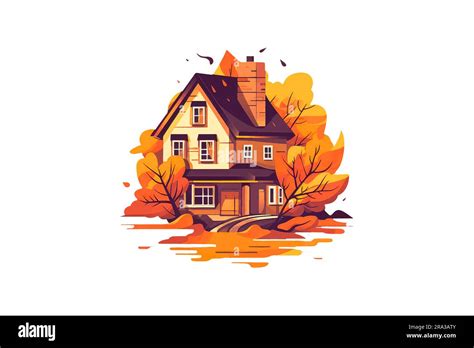 Cartoon Autumn House On White Background In Flat Style For Icon Stock