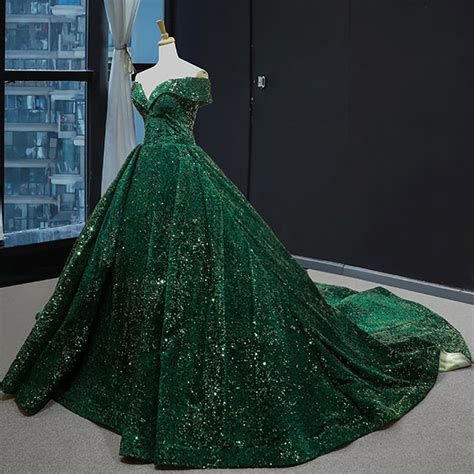 emerald green with train ball gown off the shoulder sequin princess prom dress vintage ball